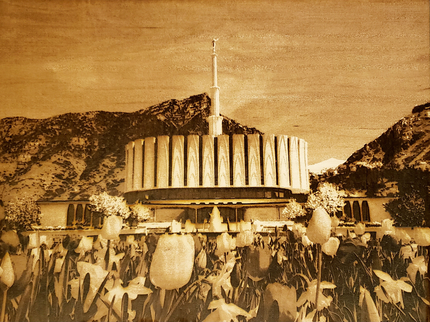 Provo Utah LDS Temple Tulips Original Wooden Laser Engraved Art