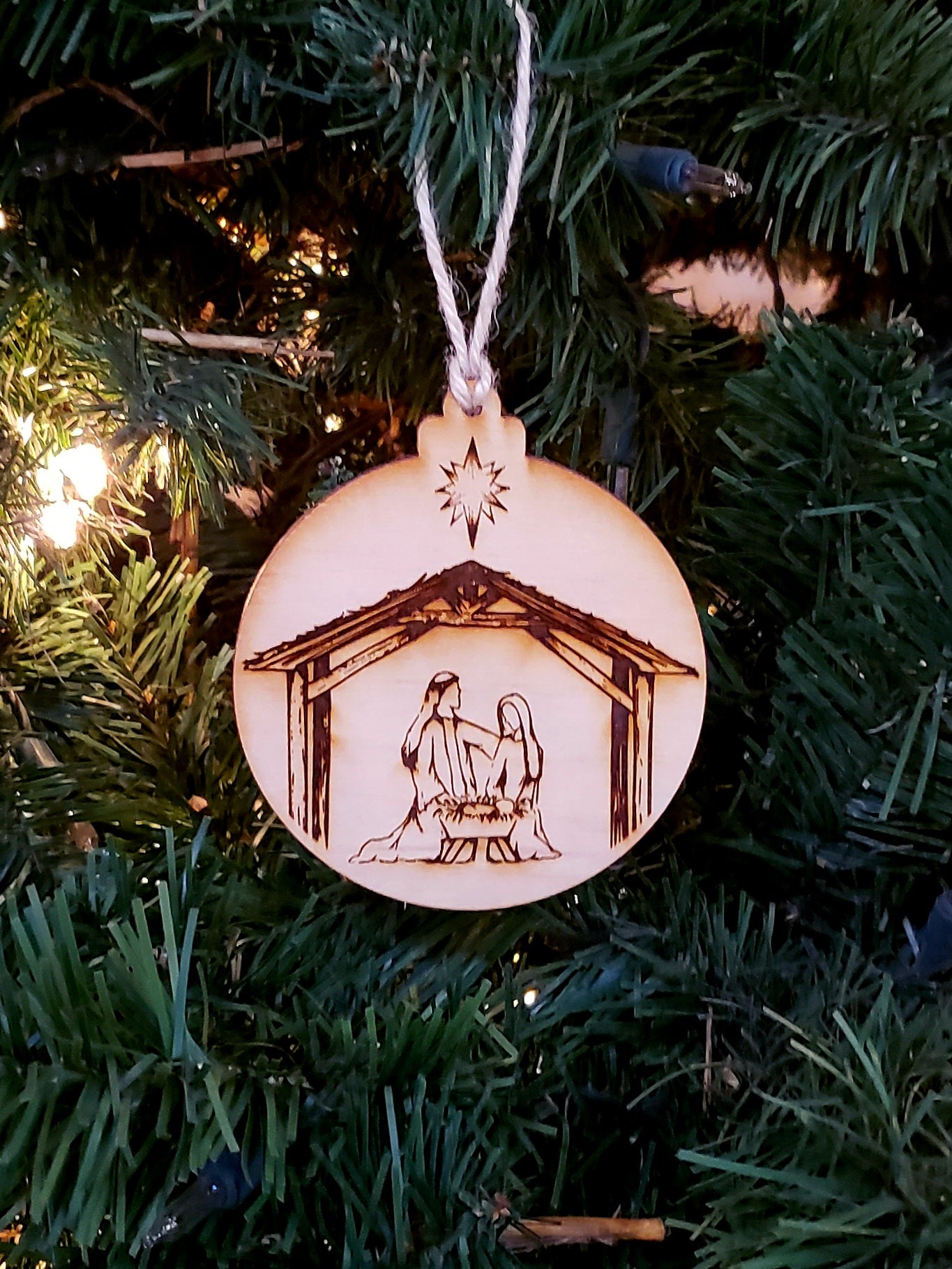 Mary, Joseph, and Baby Jesus Manger Nativity Scene Laser Engraved Wooden Ornament