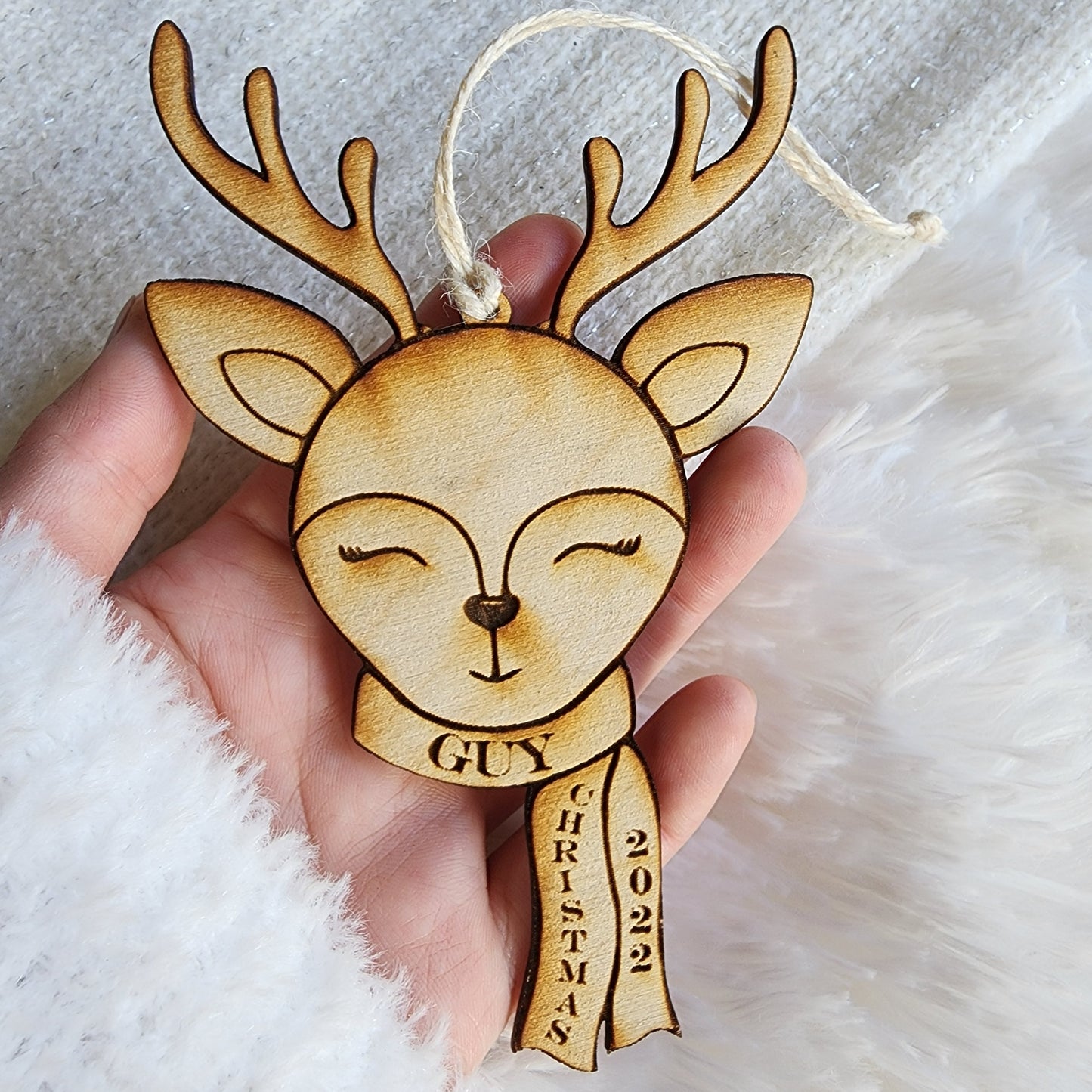 Kawaii Cute Sweet Reindeer Laser Engraved Wooden Ornament