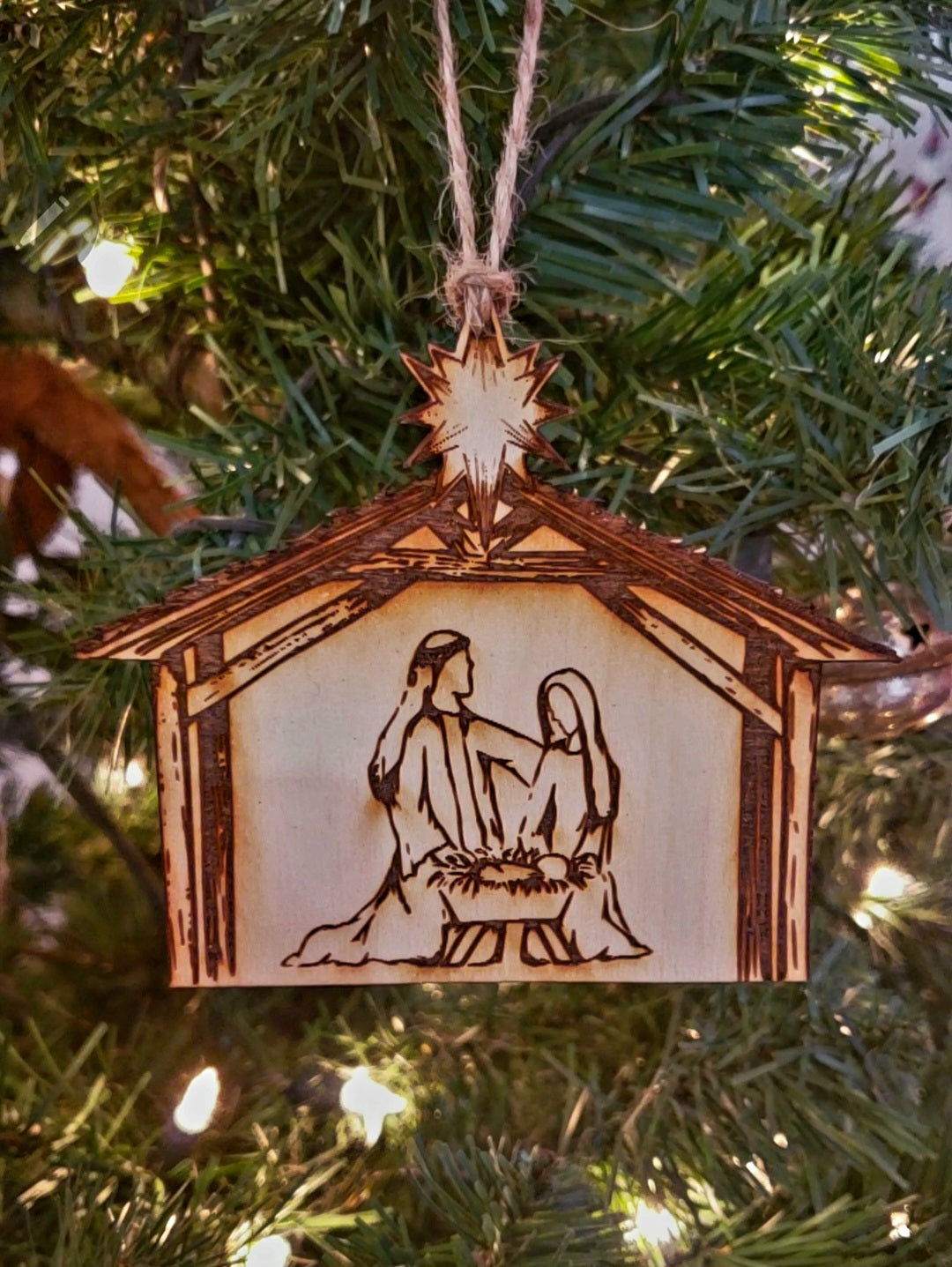 Mary, Joseph, and Baby Jesus Manger Nativity Scene Laser Engraved Wooden Ornament